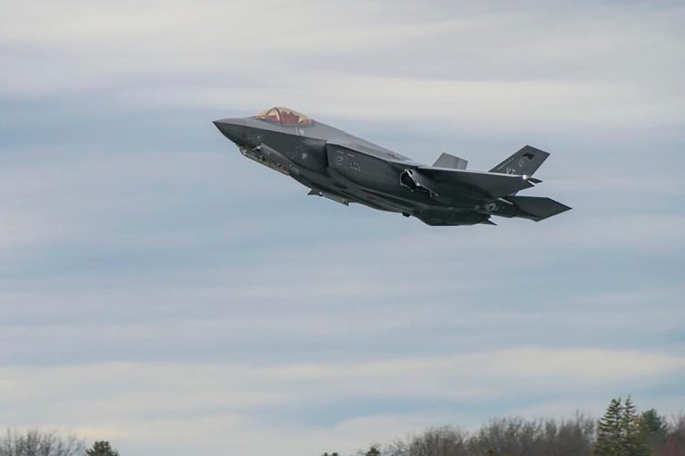 An F-35 Lightning II Aircraft, assigned to the 158th Fighter Wing, Burlington Air National Guard Base, takes off April 13, 2022, from Burlington International Airport, in Burlington, Vt. 