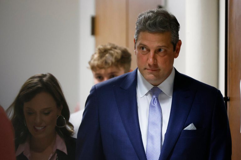 Rep. Tim Ryan, D-Ohio, running for an open U.S. Senate seat in Ohio, waits to go on stage to speak to supporters after the polls closed on primary election day Tuesday, May 3, 2022, in Columbus, Ohio.