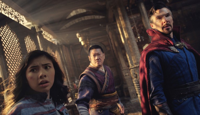 This image released by Marvel Studios shows, from left, Xochitl Gomez as America Chavez, Benedict Wong as Wong, and Benedict Cumberbatch as Dr. Stephen Strange in a scene from 