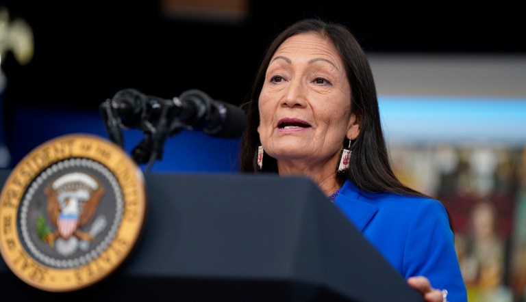 FILE - Interior Secretary Deb Haaland speaks during a Tribal Nations Summit during Native American Heritage Month.