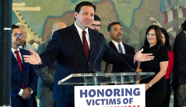 Gov. Ron DeSantis (R-FL) speaks at the Freedom Tower on Monday in Miami. DeSantis's campaign for reelection announced a new monthly fundraising record of nearly $10.5 million in April.