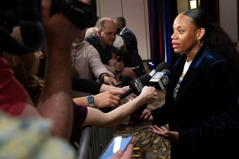 State Rep. Summer Lee, left, who is seeking the Democratic Party nomination for Pennsylvania's 12th District, speaks with the media after being endorsed by Sen. Bernie Sanders (I-VT) at a campaign stop in Pittsburgh, Thursday, May 12, 2022. Pennsylvania's primary election is Tuesday, May 17, 2022.