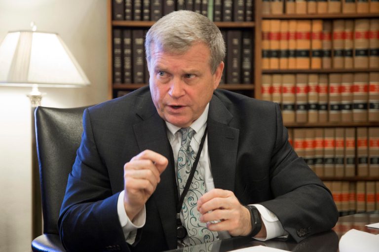 FILE - Idaho Attorney General Lawrence Wasden during an interview in Boise, Idaho, on March 1, 2017. Idaho officials on Friday, May 13, 2022, have announced a $119 million settlement with drugmaker Johnson & Johnson and three major distributors over their role in the opioid addiction crisis. Republican Attorney General Wasden said it's the second-largest consumer settlement in state history, trailing only the 1998 national tobacco settlement of $712 million. 