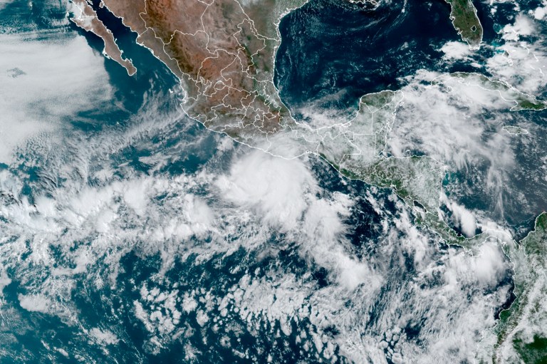 This satellite image made available by National Oceanic and Atmospheric Administration shows Hurricane Agatha, center, off the Pacific coast of Mexico on Sunday, May 29, 2022, at 11:20 a.m. EDT. NOAA warns that geomagnetic storm watches are in effect from August 17 through August 19 due to likely CH HSS and CME influences. (NOAA via AP)