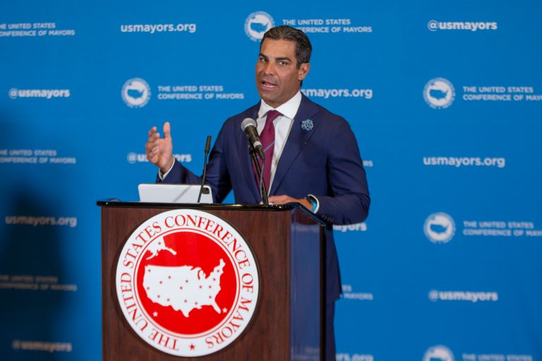 Miami mayor Francis Suarez speaks at a press conference during the U.S. Conference of Mayors 90th Annual Meeting at the Peppermill Resort Hotel in Reno, Nev., Friday, June 3, 2022. Suarez revealed on Monday, Oct. 17 that he is considering a 2024 presidential run. (AP Photo/Tom R. Smedes)