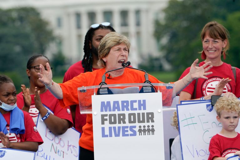 Randi Weingarten speaks at a March for Our Lives rally in support of gun control.