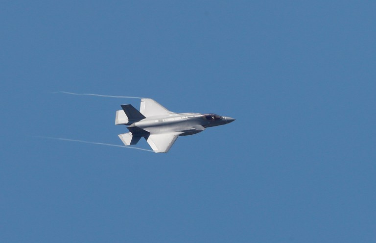 A U.S. F-35 fighter jet of the Vermont Air National Guard flies over Skopje Airport.