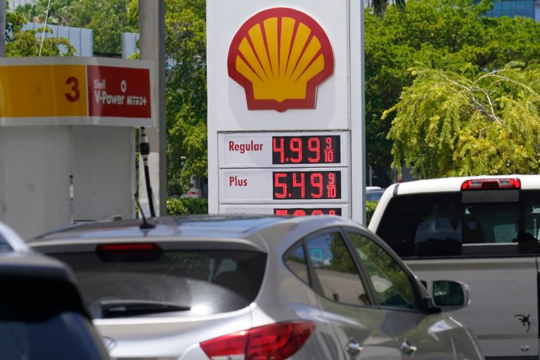 FILES - Cars line up at a Shell gas station June 17, 2022, in Miami. The Missouri Department of Revenue has received 3,175 gas tax refund claims as of July 15, 2022. (AP Photo/Marta Lavandier, File)
