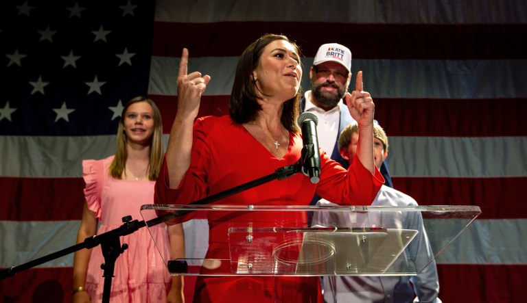 Republican Senate candidate Katie Britt speaks to supporters after securing the nomination during a runoff against Mo Brooks on Tuesday, June 21, 2022, in Montgomery, Alabama.