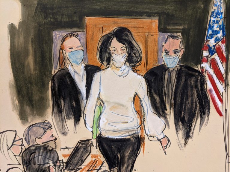 In this courtroom sketch, Ghislaine Maxwell enters the courtroom escorted by U.S. Marshals at the start of her trial, on Nov. 29, 2021, in New York. 