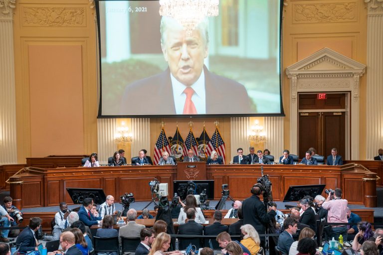 A video of former President Donald Trump from his January 6th Rose Garden statement is played as Cassidy Hutchinson, former aide to Trump White House chief of staff Mark Meadows, testifies as the House select committee investigating the Jan. 6 attack on the U.S. Capitol holds a hearing at the Capitol in Washington, Tuesday, June 28, 2022. 