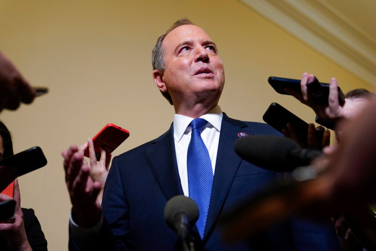 Rep. Adam Schiff, D-Calif., a member of the House select committee investigating the Jan. 6 attack on the U.S. Capitol, speaks with members of the press after a hearing at the Capitol in Washington, June 21, 2022.