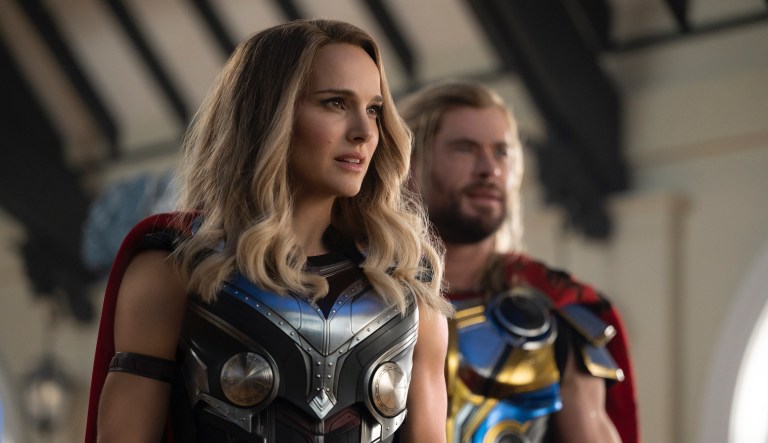 This image released by Marvel Studios shows Natalie Portman, left, and Chris Hemsworth in a scene from 