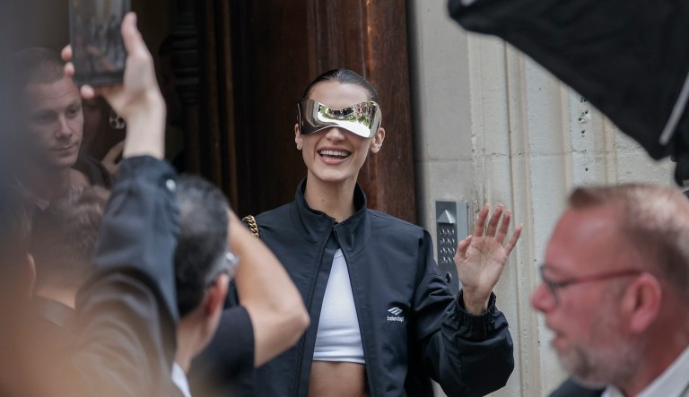 Bella Hadid departs after the Balenciaga Haute Couture Fall/Winter 2022-2023 fashion collection presented Wednesday, July 6, 2022 in Paris.