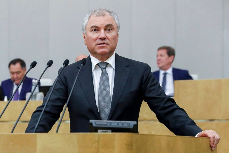 In this handout photo provided by The State Duma, The Federal Assembly of The Russian Federation, Speaker of the State Duma, the Lower House of the Russian Parliament, Vyacheslav Volodin speaks during a parliamentary session in Moscow, Russia, Wednesday, July 6, 2022. Volodin, a longtime Putin aide, warned Wednesday that Washington should remember that Alaska was part of Russia when it freezes Russian assets.