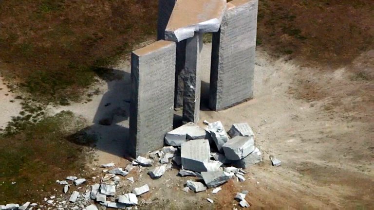 This aerial image from video, shows damage to the Georgia Guidestones monument near Elberton, Georgia, on July 6, 2022. The Georgia Bureau of Investigation said the monument, which some Christians regard as satanic, was damaged by an explosion before dawn.