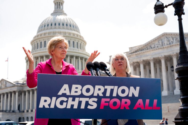 Sen. Elizabeth Warren, D-Mass., and Sen. Patty Murray, D-Wash., talk to reporters as the Supreme Court is poised to possibly overturn Roe v. Wade, at the Capitol in Washington, June 15, 2022.
