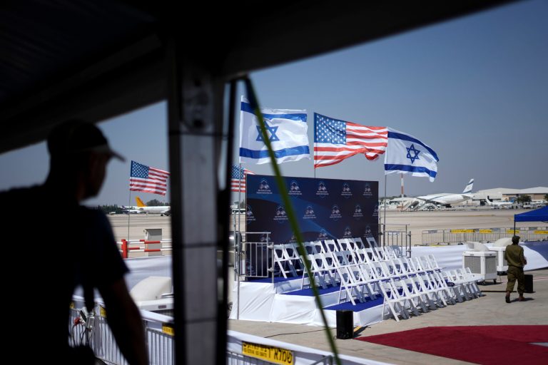 Israeli and U.S. flags fly during a rehearsal for the welcoming ceremony for U.S. President Joe Biden at Ben Gurion Airport near Tel Aviv, Israel Tuesday, July 12, 2022. 