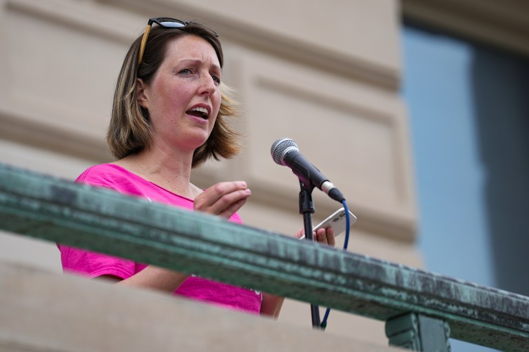 Dr. Caitlin Bernard, a reproductive healthcare provider, speaks during an abortion rights rally on Saturday at the Indiana Statehouse in Indianapolis.