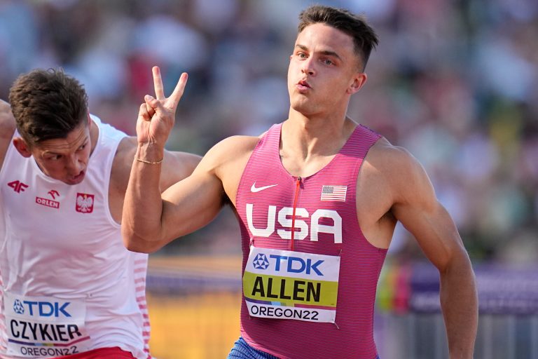 Devon Allen, of the United States, competes in a semi-final heat in the men's 110-meter hurdles at the World Athletics Championships on Sunday, July 17, 2022, in Eugene, Ore. He was disqualified from the race after he began running at 0.001 seconds sooner than what is allowed. (AP Photo/Ashley Landis)