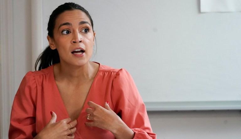 Rep. Alexandria Ocasio-Cortez, D-N.Y., is seen during a meeting at the Chhaya Community Development Corporation, Wednesday, July 6, 2022, in the Jackson Heights neighborhood of the Queens borough of New York. 