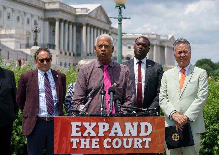 Rep. Hank Johnson, D-Ga., speaks to reporters about the Judiciary Act which he introduced last year and would expand the Supreme Court to 13 justices, at the Capitol in Washington, Monday, July 18, 2022. (AP Photo/J. Scott Applewhite)