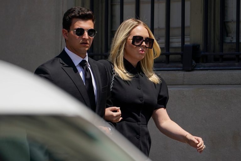 Tiffany Trump, right, arrives with Michael Boulos for the funeral of Ivana Trump.