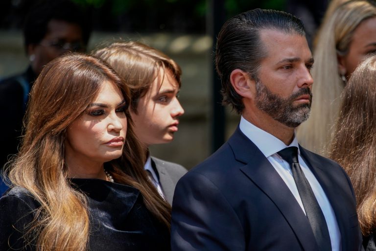 Donald Trump Jr., right, arrives with Kimberly Guilfoyle, for the funeral of Ivana Trump, Wednesday, July 20, 2022, in New York. Ivana Trump, an icon of 1980s style, wealth, and excess and a businesswoman who helped her husband build an empire that launched him to the presidency, is set to be celebrated at a funeral Mass at St. Vincent Ferrer Roman Catholic Church following her death last week.