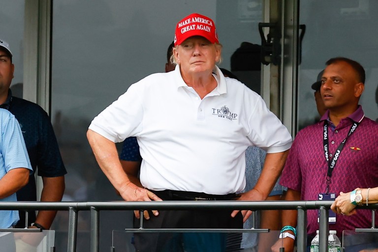 Former President Donald Trump looks on during round 1 of the LIV Golf Invitational Series on July 29, 2022 at Trump National Golf Club in Bedminster, New Jersey.