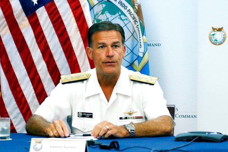 Adm. John Aquilino, U.S. Indo-Pacific Command commander, speaks at a news conference at Camp H.M. Smith, Hawaii, on June 30, 2022.