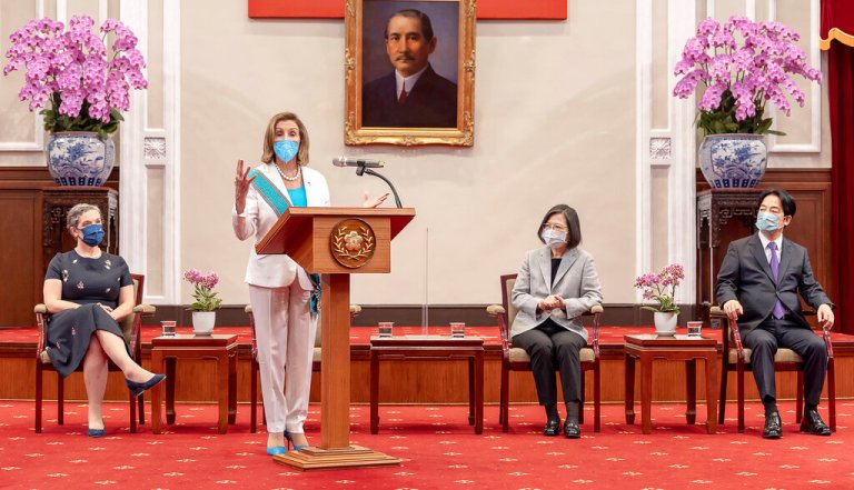 House Speaker Nancy Pelosi speaks during a meeting with Taiwanese President President Tsai Ing-wen, second from right, in Taipei, Taiwan.