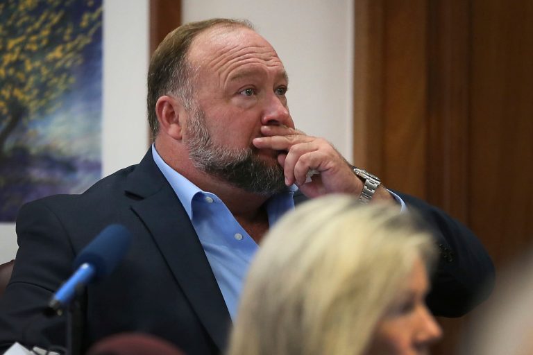 Alex Jones is pictured at his defamation trial.