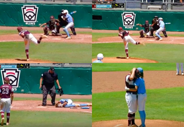 Pitcher Kaiden Shelton of Pearland, Texas, throws to batter Isaiah Jarvis, of Tulsa, Oklahoma, when an 0-2 pitch got away from him and slammed into Jarvis's helmet during a Little League Southwest Regional Playoff baseball final, Tuesday, Aug. 9, 2022, in Waco, Texas.