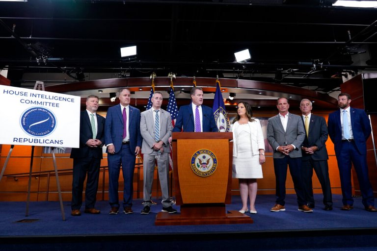 House Intelligence Committee ranking member Rep. Mike Turner, R-Ohio, center, joined by other Republicans on the committee, speaks during a news conference on Capitol Hill in Washington, Friday, Aug. 12, 2022.