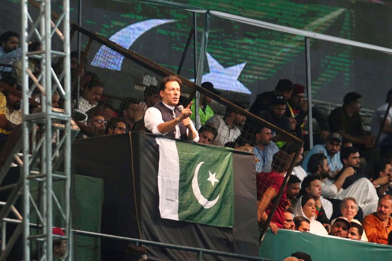 Pakistani opposition leader Imran Khan addresses his party supporters during a rally to press the government for fresh elections in Lahore, Pakistan, Saturday, Aug. 13, 2022.