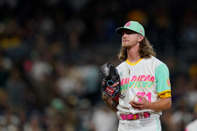 San Diego Padres relief pitcher Josh Hader reacts after giving up a two-run home run to Washington Nationals' Alex Call during the ninth inning of a baseball game Friday, Aug. 19, 2022, in San Diego.