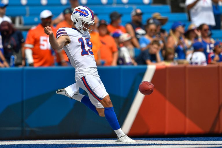 Buffalo Bills punter Matt Araiza warms up before a preseason NFL football game against the Denver Broncos in Orchard Park, N.Y., Saturday, Aug. 20, 2022.