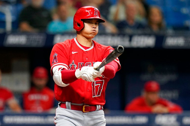 Los Angeles Angels' Shohei Ohtani reacts after striking out against the Tampa Bay Rays Monday, Aug. 22, 2022, in St. Petersburg, Fla. 