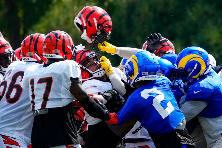 A third scuffle escalates into a brawl during a joint preseason NFL football camp practice between the Cincinnati Bengals and the Los Angeles Rams in Cincinnati, Thursday, Aug. 25, 2022.