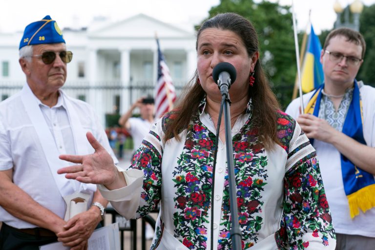 Ukraine's Ambassador to the United States Oksana Markarova speaks during a rally as they protest Russia's invasion of Ukraine and celebrate the 31st Independence Day of Ukraine outside of the White House in Washington, Saturday, Aug. 27, 2022.