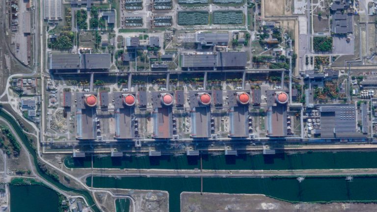 This satellite image from Planet Labs PBC shows the Zaporizhzhia Nuclear Power Plant occupied by Russian forces, in Ukraine on Sunday, Aug. 28, 2022. Russian and Ukrainian authorities announced the shutdown of the last reactor, which previously supplied nearly a quarter of Ukraine's electricity.