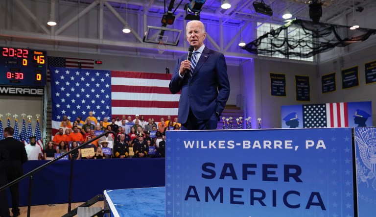 President Joe Biden speaks in Wilkes-Barre, Pennsylvania.