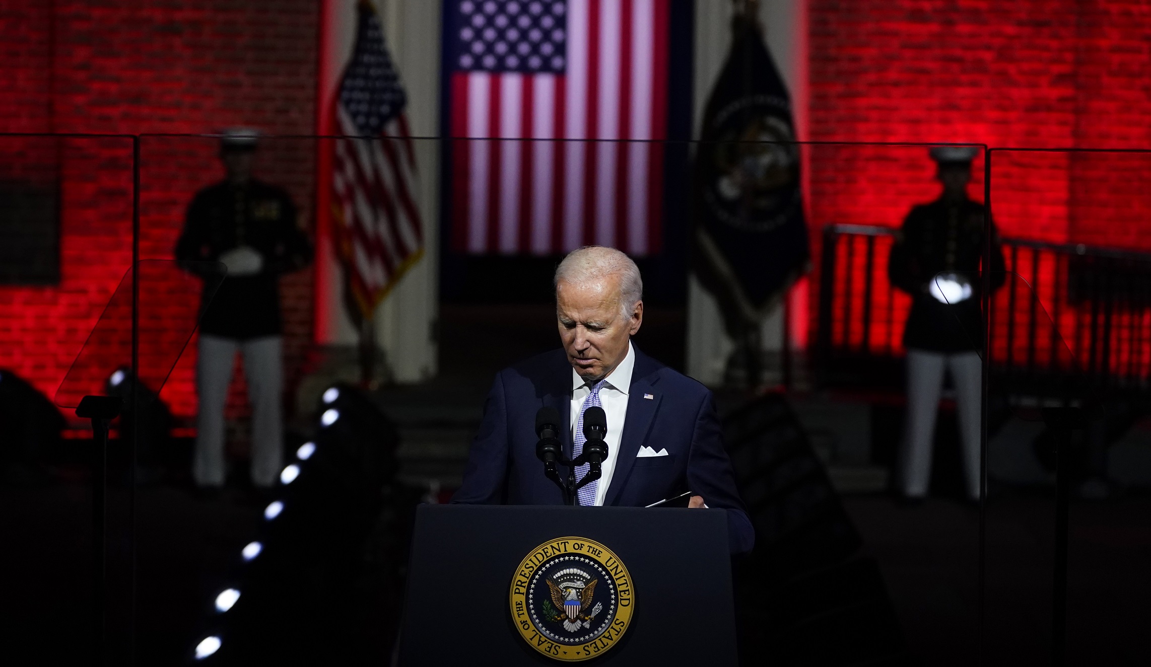 Biden’s team defends uniformed Marines in background of speech