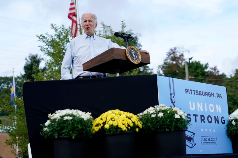 President Joe Biden speaks at a United Steelworkers of America Local Union 2227 event in West Mifflin, Pa.