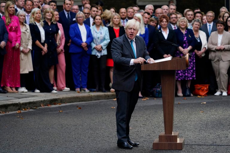 Outgoing British Prime Minister Boris Johnson speaks outside Downing Street in London, Tuesday, Sept. 6, 2022 before heading to Balmoral in Scotland, where he will announce his resignation to Britain's Queen Elizabeth II.