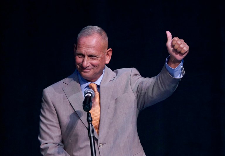 New Hampshire Republican U.S. Senate candidate Don Bolduc gestures as he is introduced during a debate, Wednesday, Sept. 7, 2022, in Henniker, New Hampshire.
