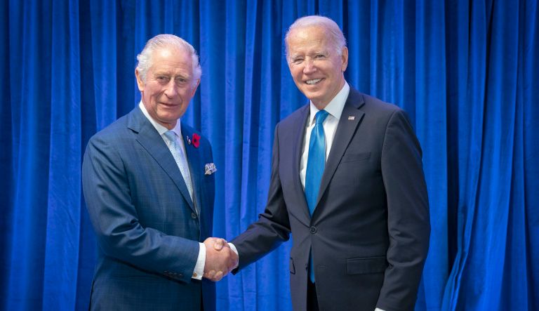 FILE - Britain's Prince Charles, left, greets the President Joe Biden ahead of their bilateral meeting during the Cop26 summit at the Scottish Event Campus (SEC) in Glasgow, Scotland, Nov. 2, 2021.