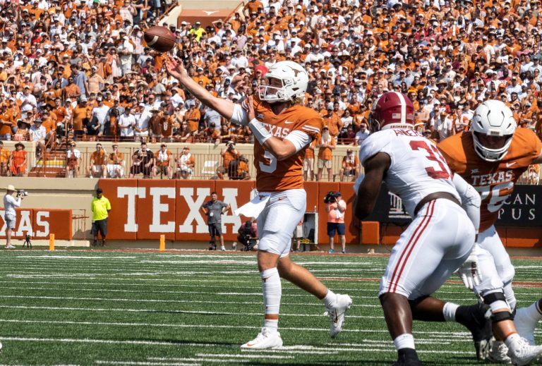 Texas quarterback Quinn Ewers throws a pass during the first half an NCAA college football game against Alabama, Saturday, Sept. 10, 2022, in Austin, Texas.