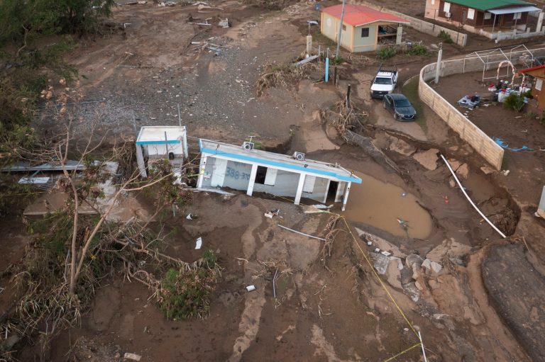A house lays in the mud after it was washed away by Hurricane Fiona at Villa Esperanza in Salinas, Puerto Rico, on Sept. 21. 