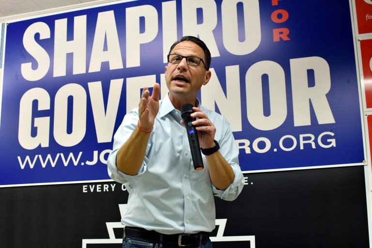 Josh Shapiro, Pennsylvania's Democratic nominee for governor, speaks to the crowd during a campaign event at Adams County Democratic Party headquarters, Sept. 17, 2022, in Gettysburg, Pennsylvania. A campaign sign for Shapiro was rigged with razor blades and injured a person, police said Sunday. (AP Photo/Marc Levy)